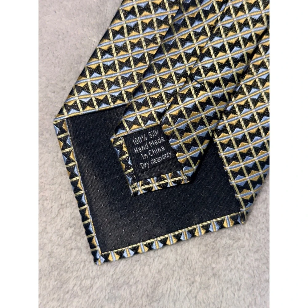 Platinum Designs Mens Silk Necktie Gold Blue Black Geometric Pattern Hand Made